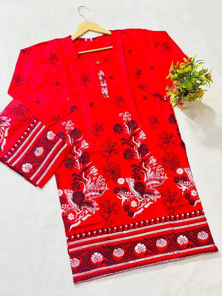 2 pcs women Stitched linen print suit