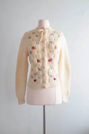 Adorable 1950's Hand Knit Floral Motif Wool Cardigan / Medium