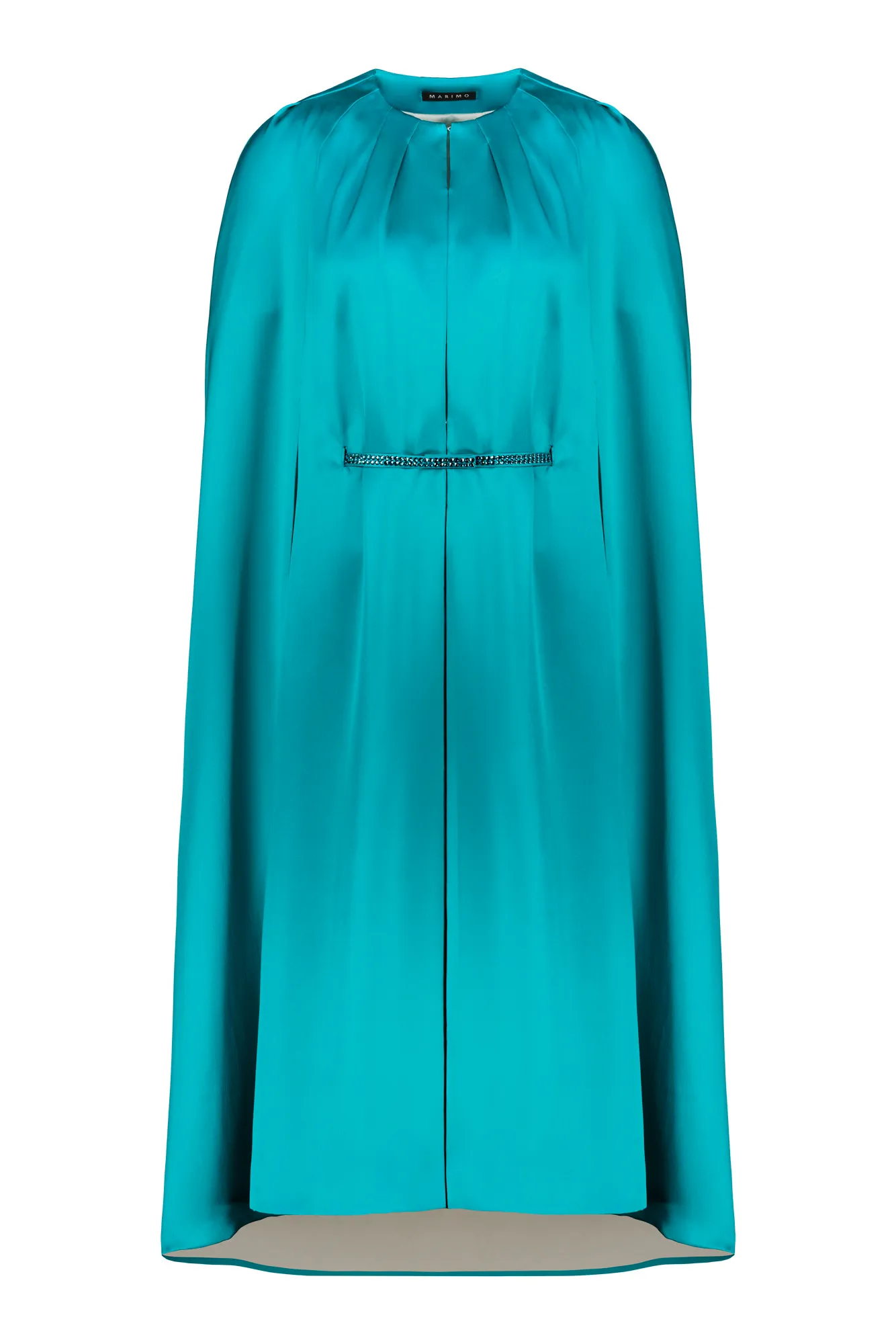 ALLAMANDA TEAL SILK SATIN CAPE DRESS WITH CRYSTAL BELT