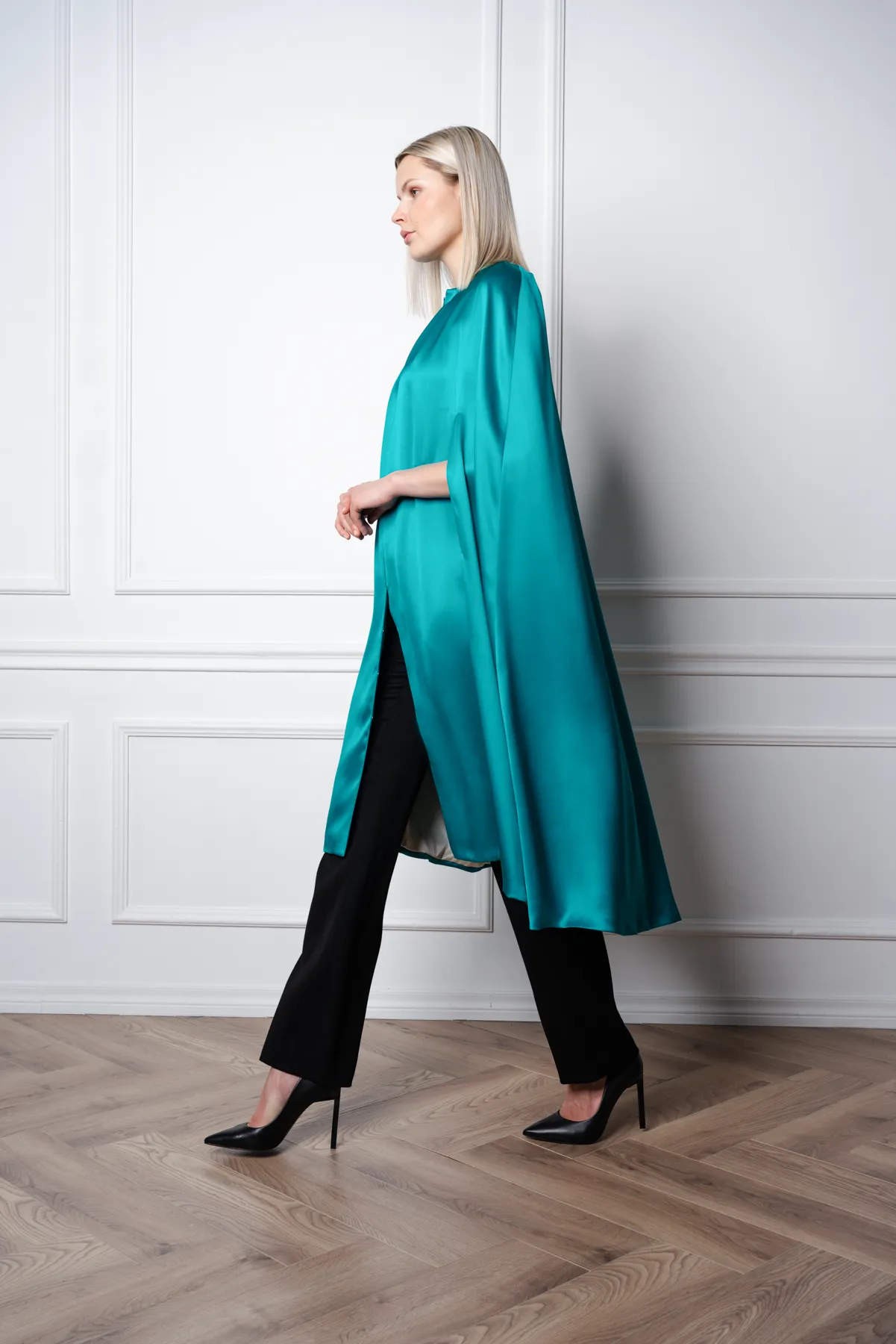 ALLAMANDA TEAL SILK SATIN CAPE DRESS WITH CRYSTAL BELT