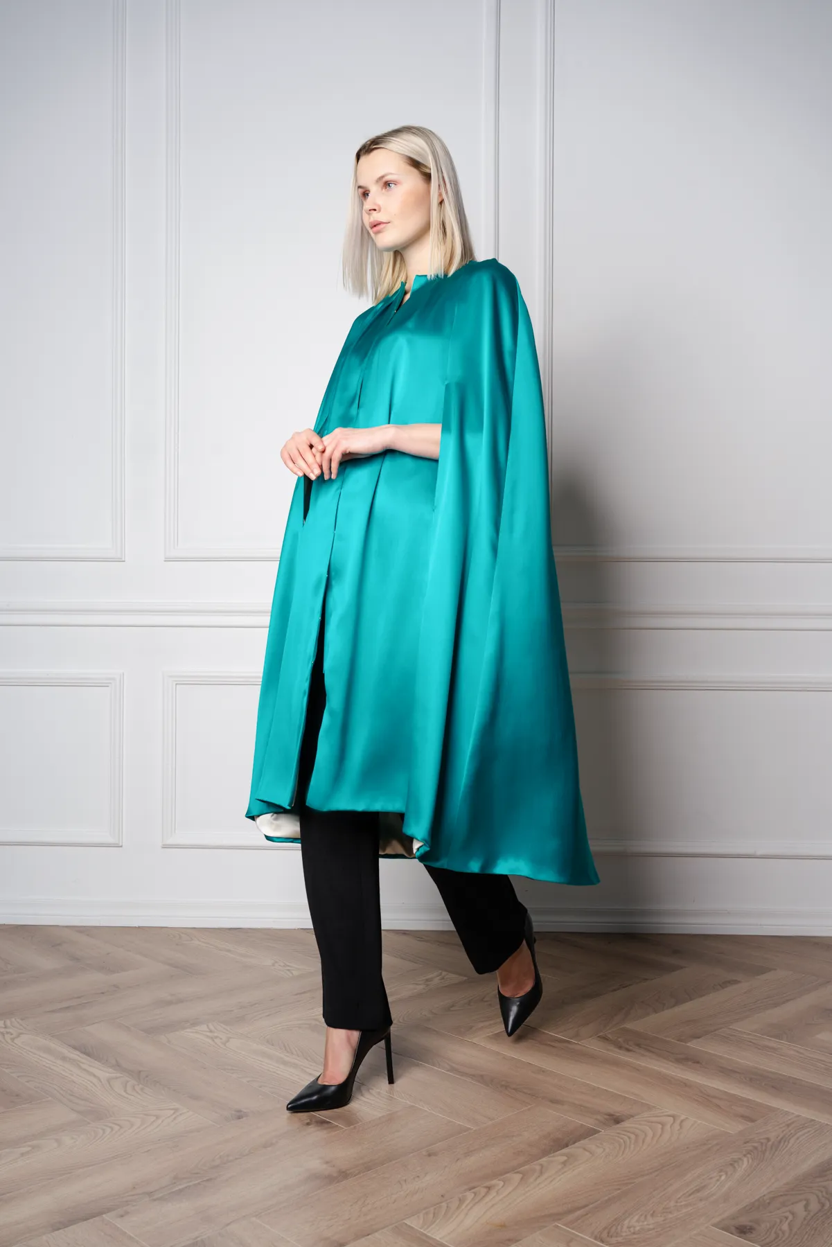 ALLAMANDA TEAL SILK SATIN CAPE DRESS WITH CRYSTAL BELT