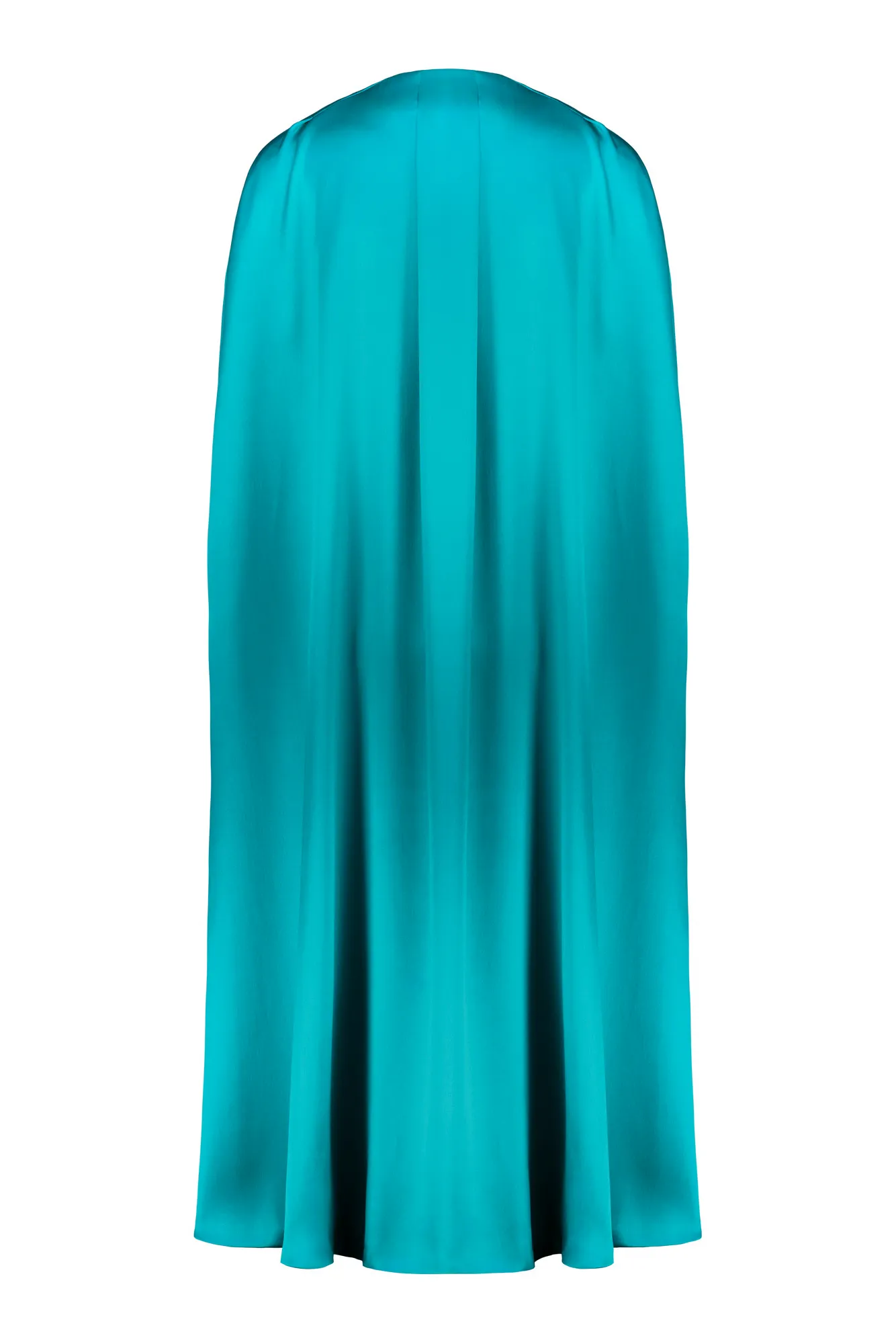 ALLAMANDA TEAL SILK SATIN CAPE DRESS WITH CRYSTAL BELT