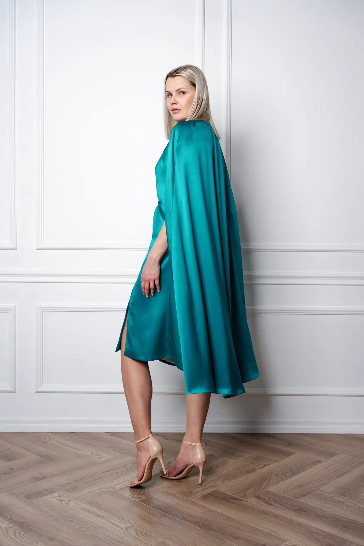 ALLAMANDA TEAL SILK SATIN CAPE DRESS WITH CRYSTAL BELT