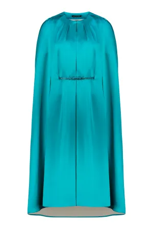 ALLAMANDA TEAL SILK SATIN CAPE DRESS WITH CRYSTAL BELT