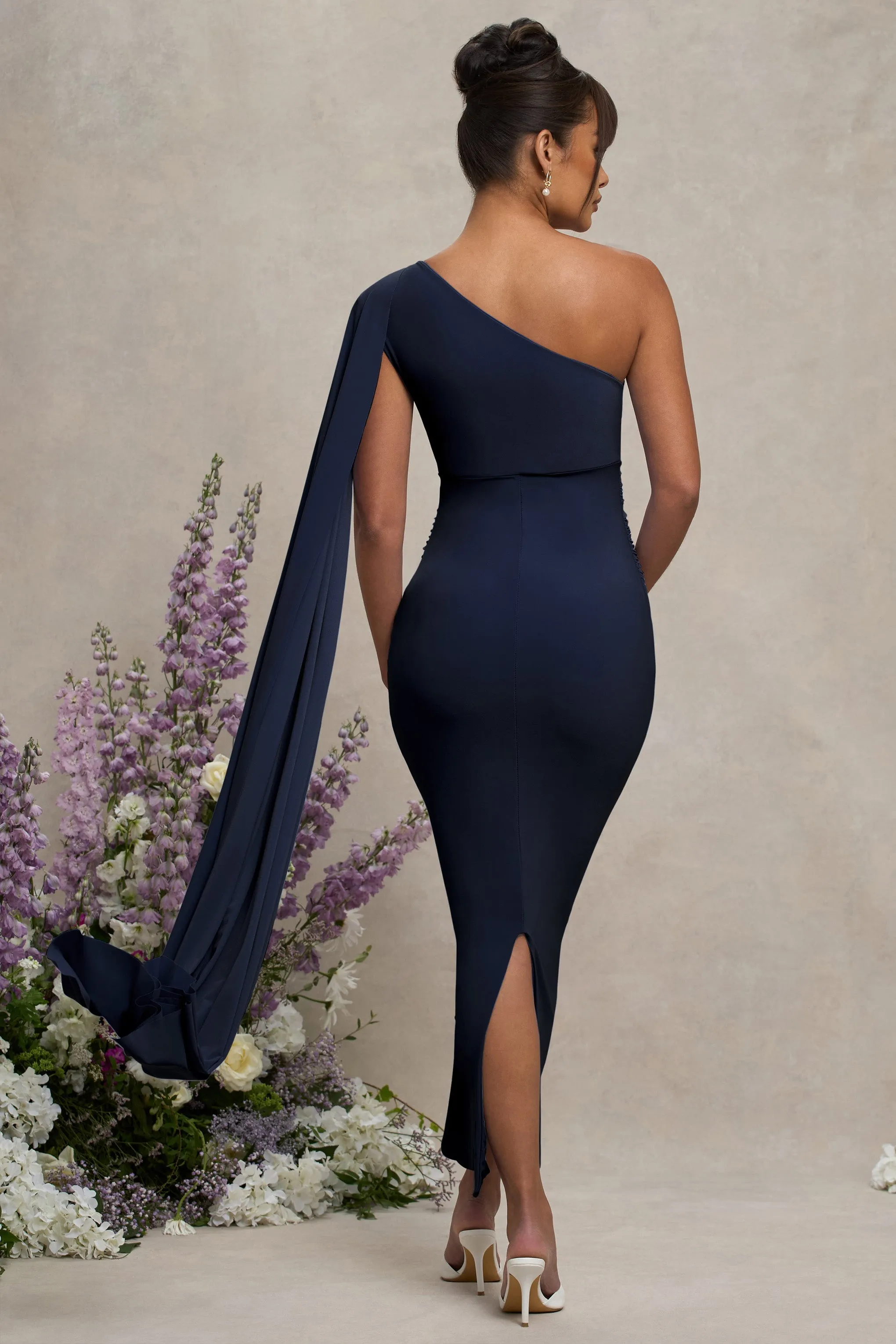 Amaryllis | Navy Maternity One Shoulder Maxi Dress with Cape Sleeve