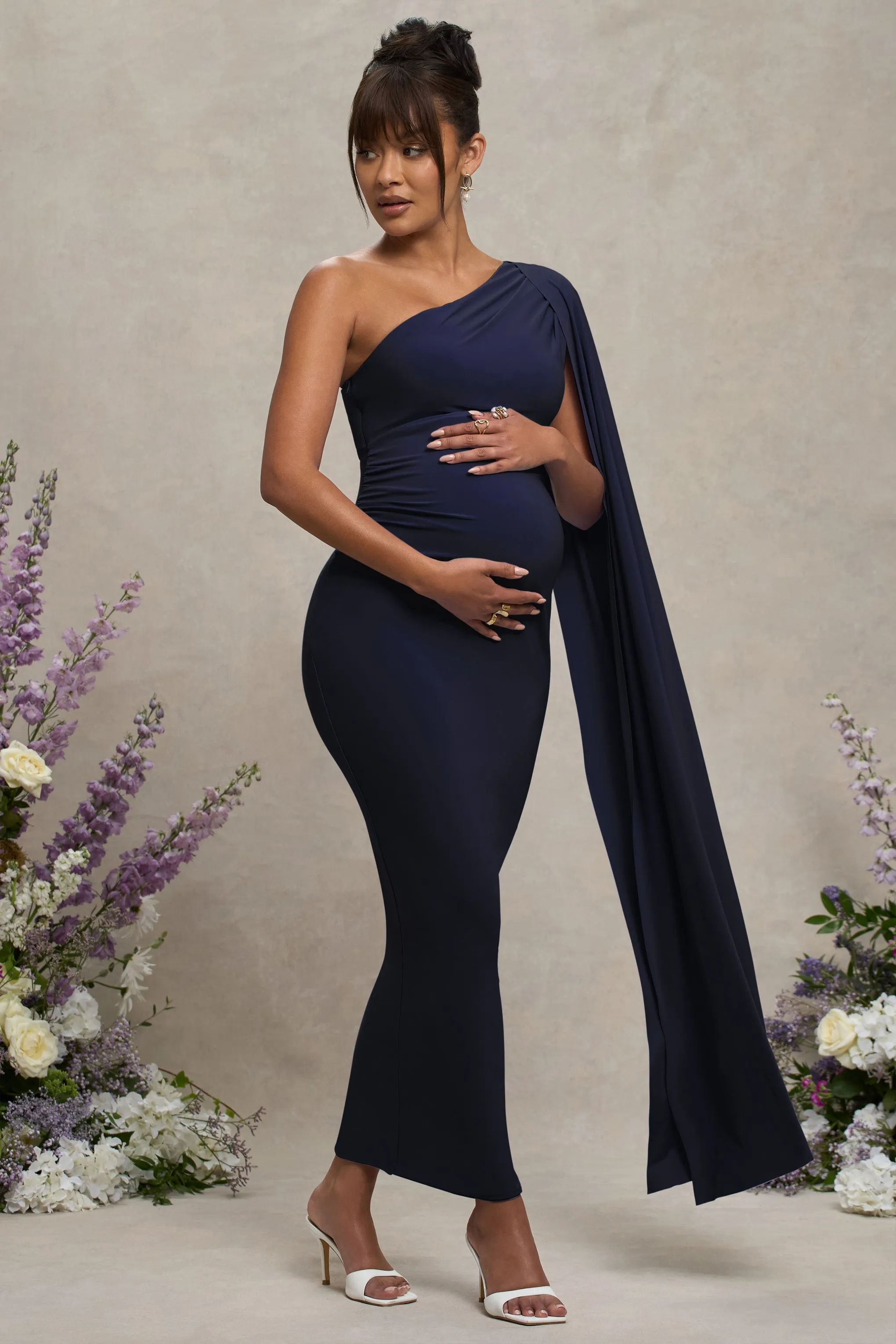 Amaryllis | Navy Maternity One Shoulder Maxi Dress with Cape Sleeve