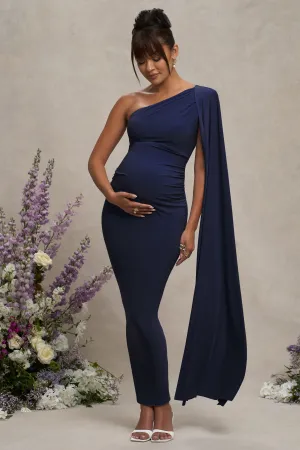 Amaryllis | Navy Maternity One Shoulder Maxi Dress with Cape Sleeve