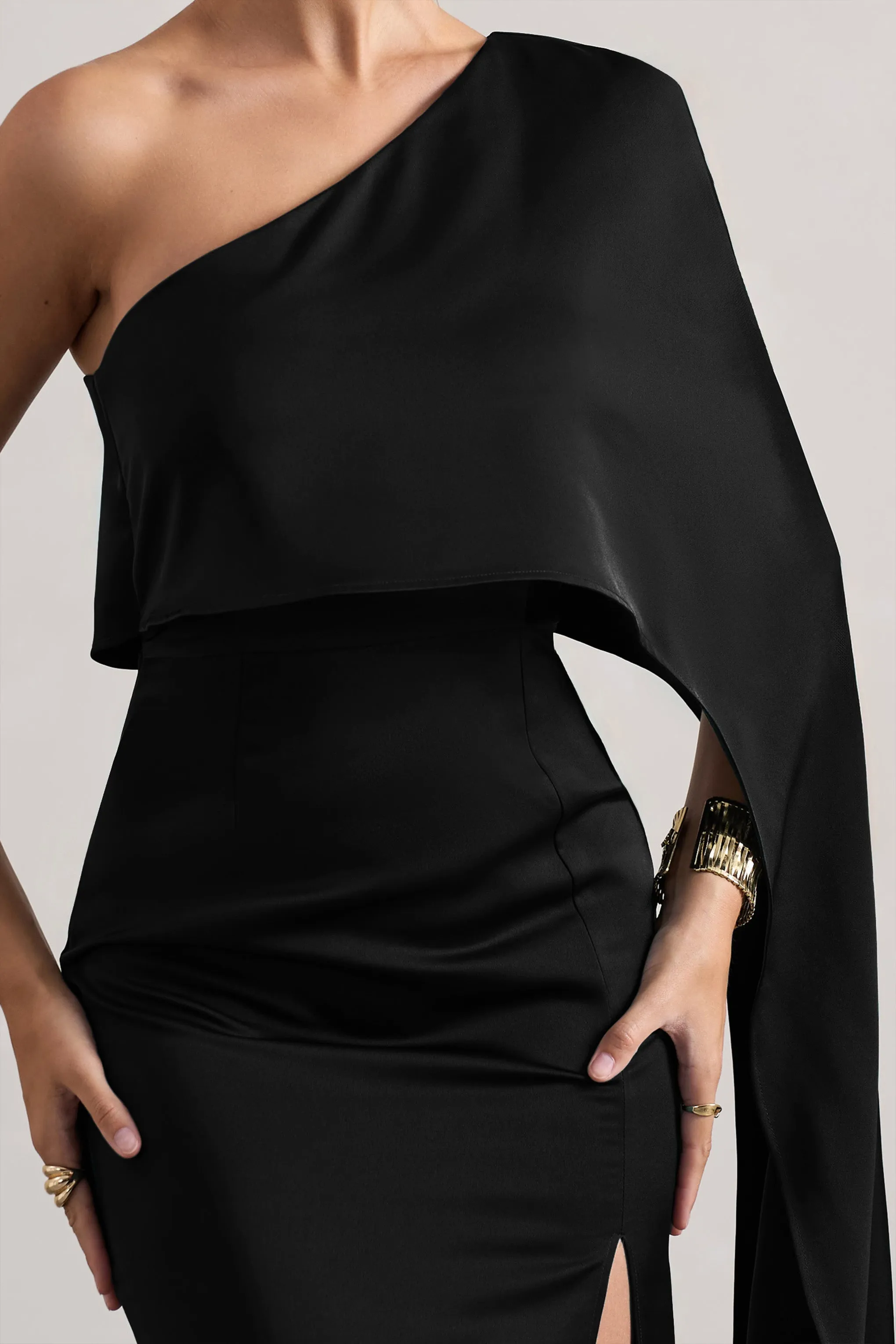 Amora | Black Satin Asymmetric Cape-Sleeve Split Maxi Dress