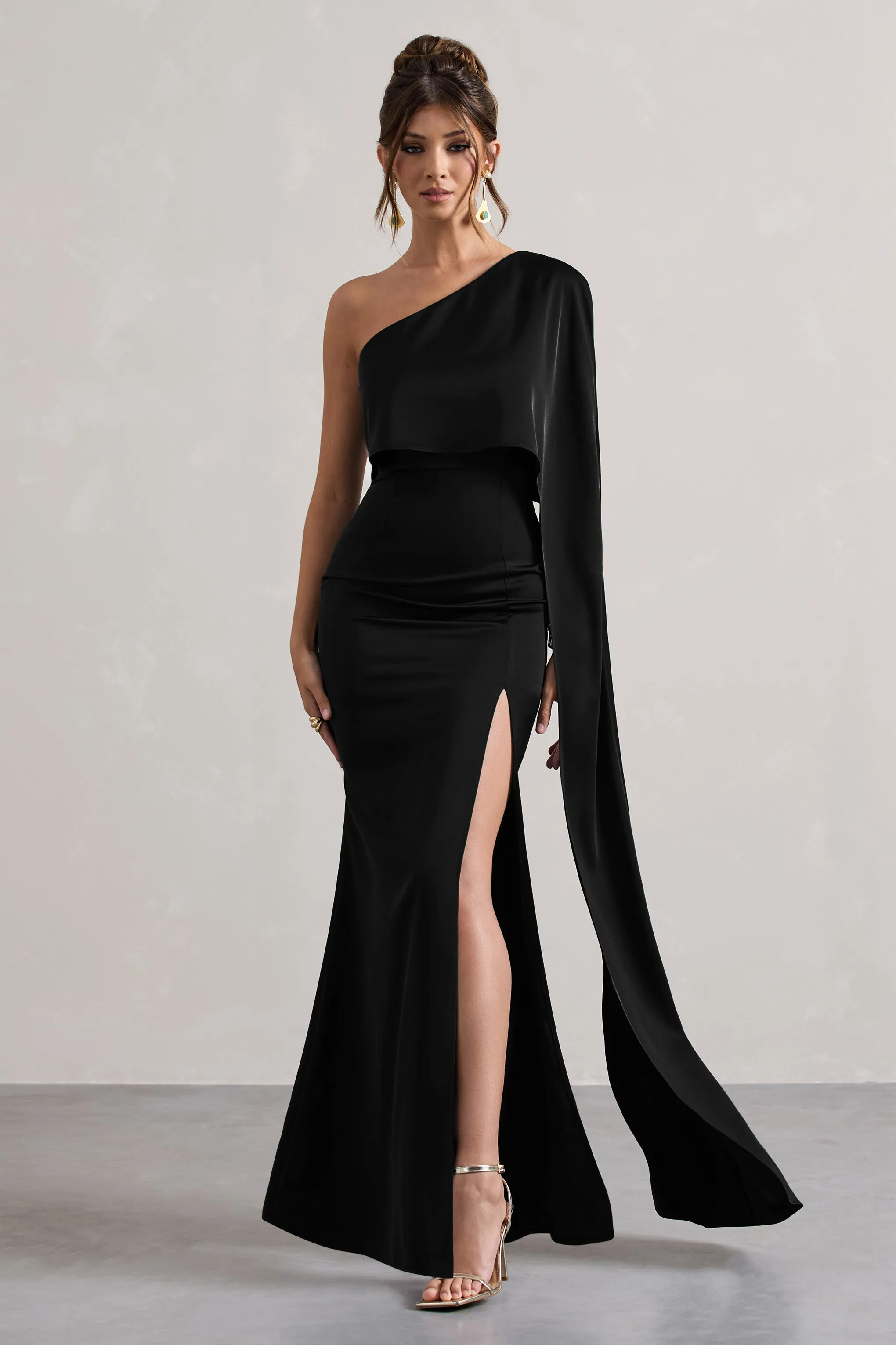 Amora | Black Satin Asymmetric Cape-Sleeve Split Maxi Dress