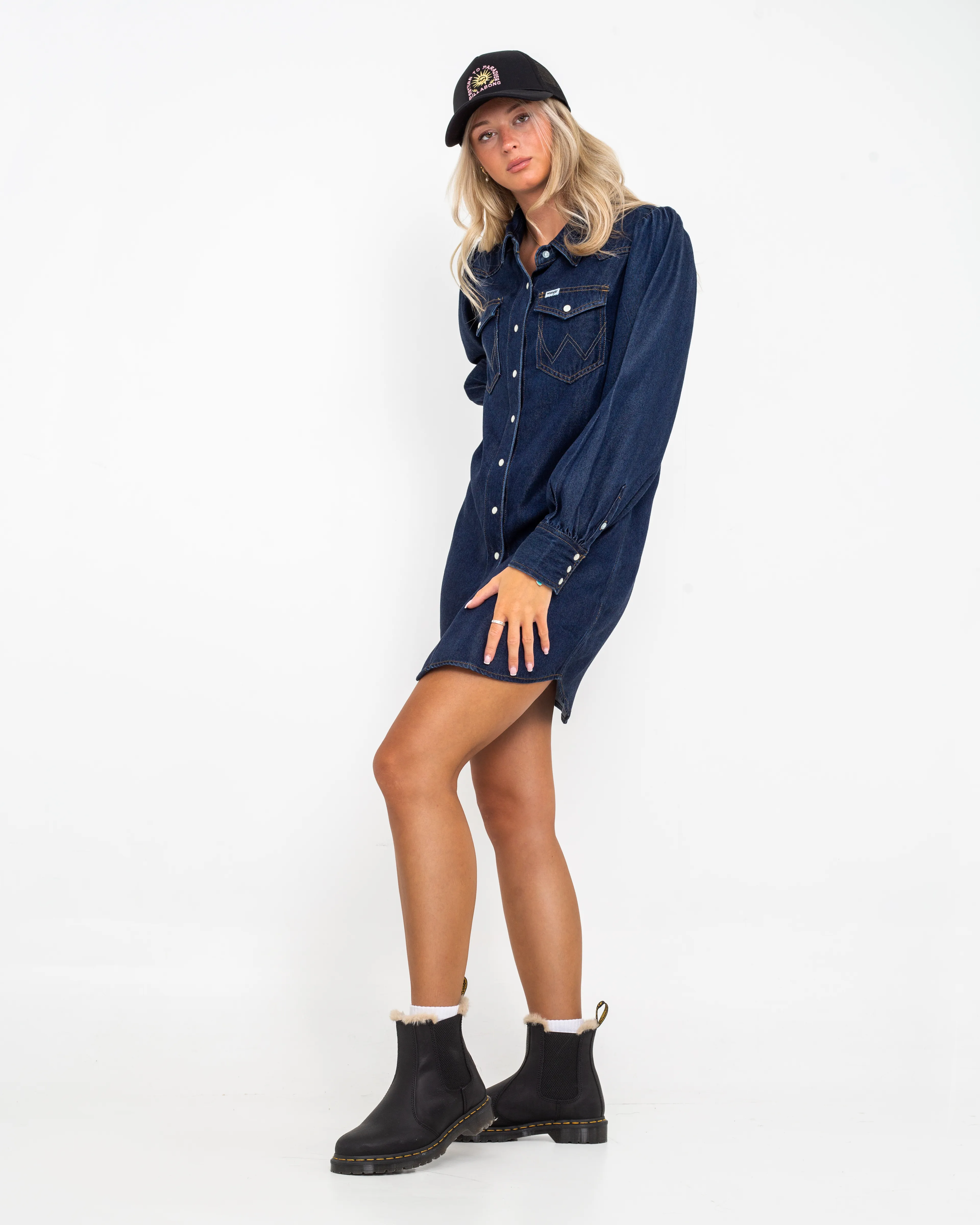 Balloon Sleeve Shirt Dress in Rinse