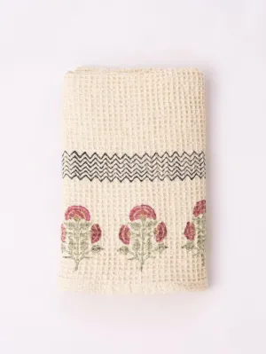 Beige Cotton Block Printed Honeycomb Bath Towel