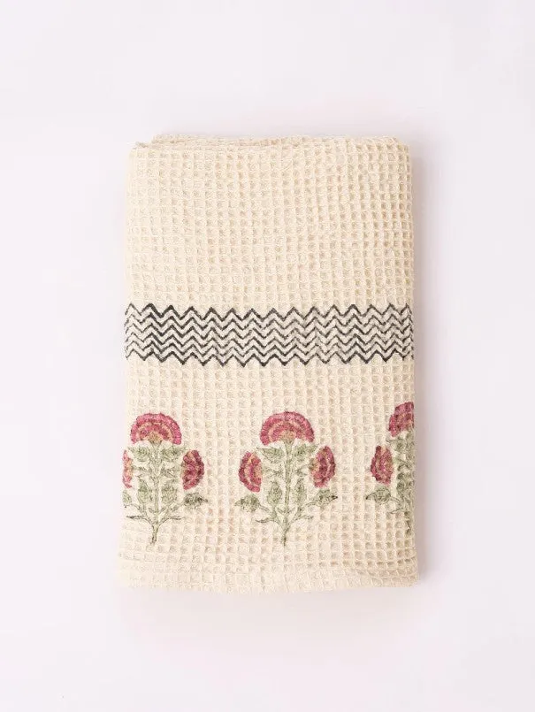 Beige Cotton Block Printed Honeycomb Bath Towel