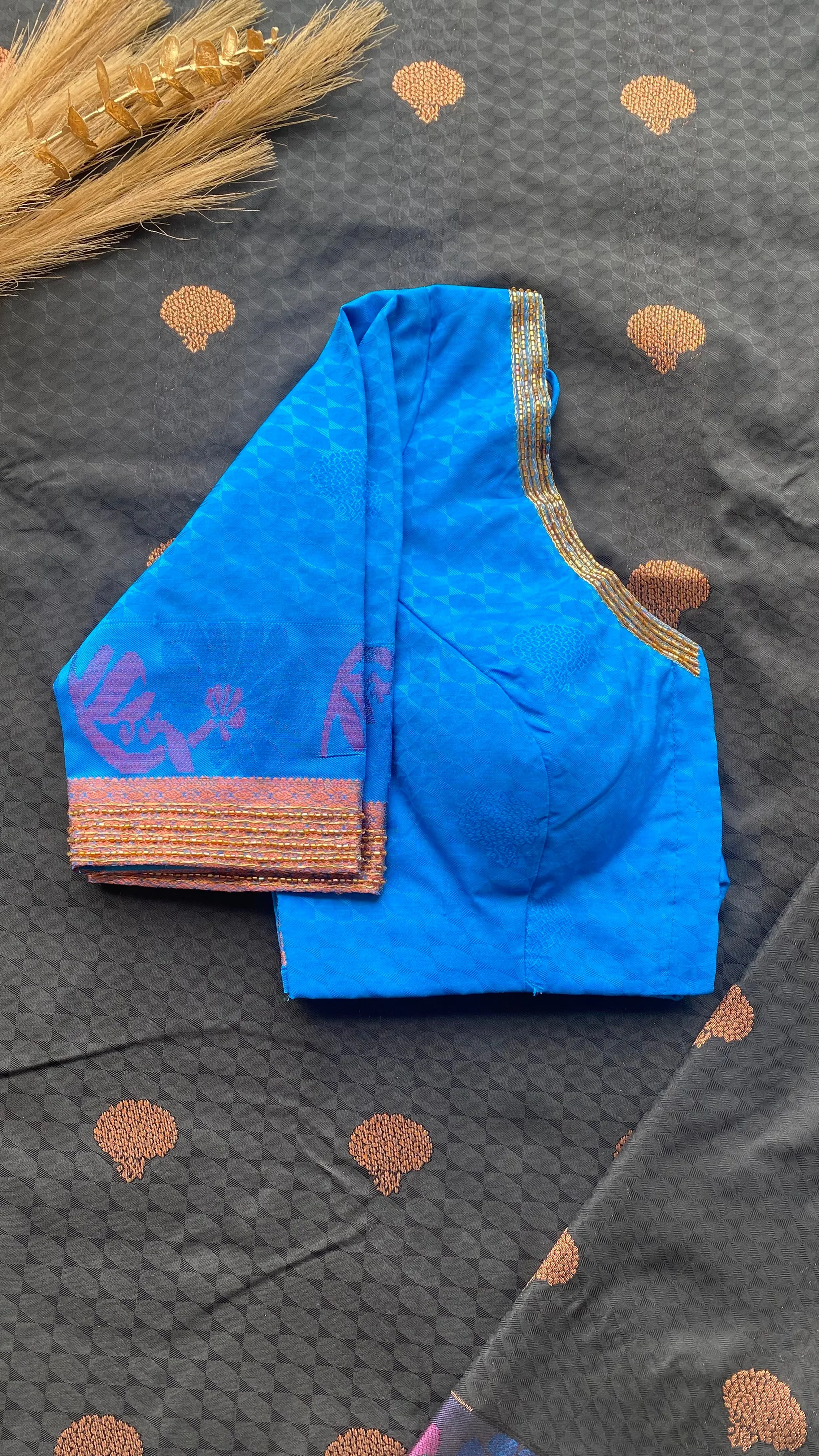 Black and blue silk saree with hand work blouse