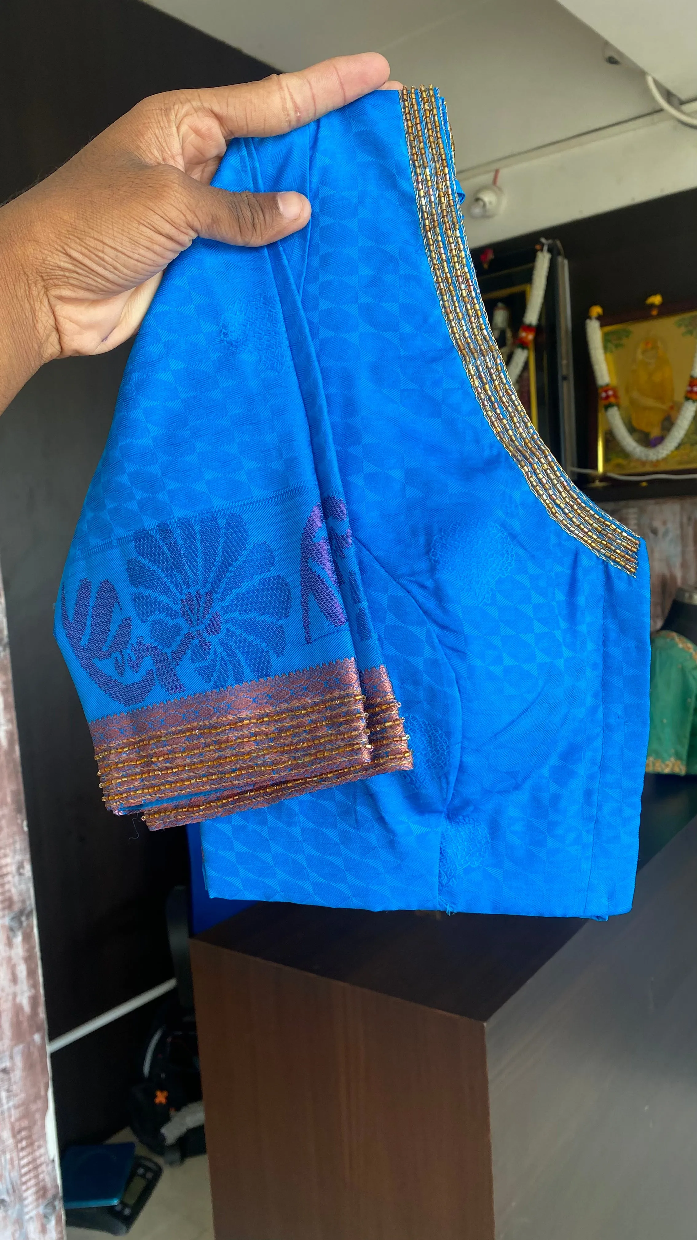 Black and blue silk saree with hand work blouse