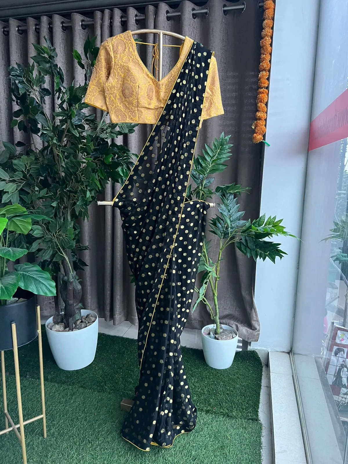 Black chiffon saree with yellow banarasi blouse