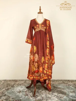 Brown Straight Cut Suits Adorned with Floral Embroidery and Prints along with Dupatta