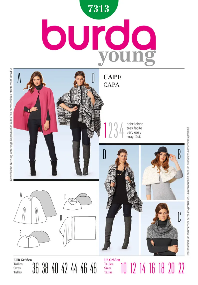 Burda 7313 Womens' Capes Sewing Pattern