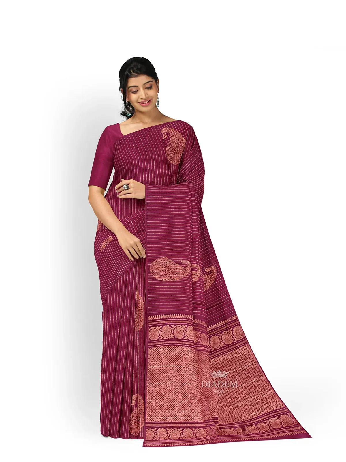 Burgundy Pure Kanchipuram (Bridal) Silk Saree with Stripes and Paisley Design on the Body and without Border