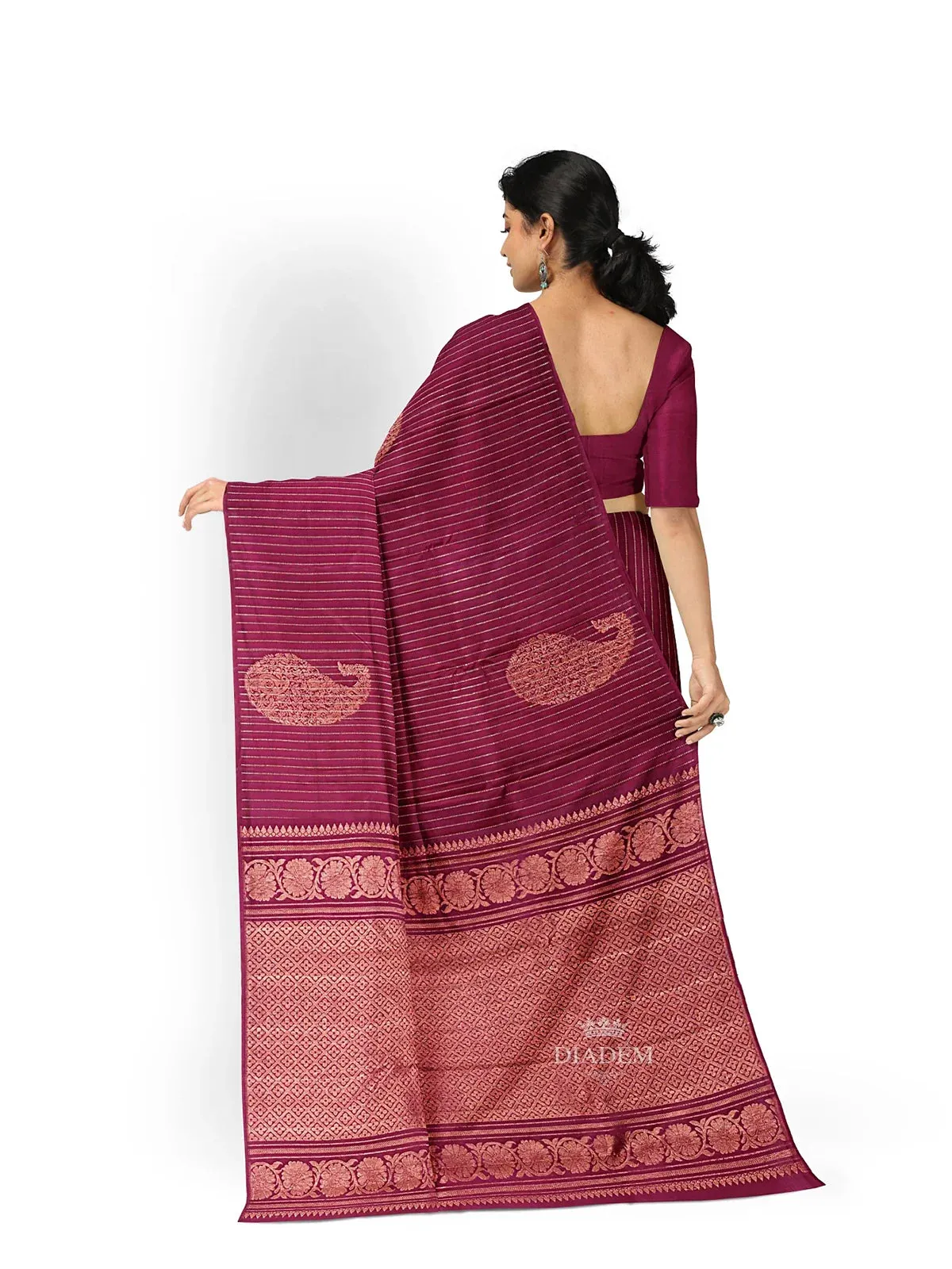 Burgundy Pure Kanchipuram (Bridal) Silk Saree with Stripes and Paisley Design on the Body and without Border