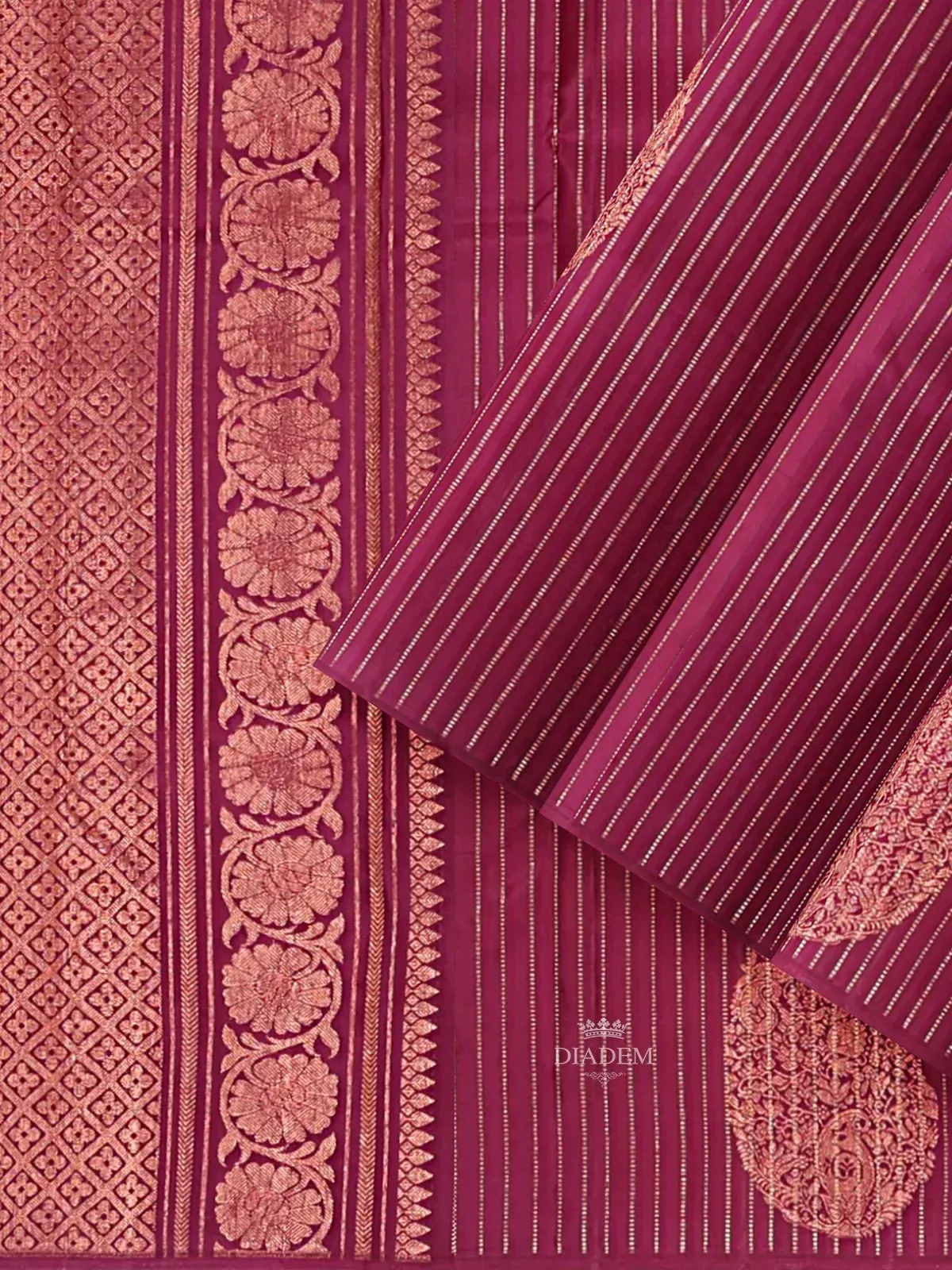 Burgundy Pure Kanchipuram (Bridal) Silk Saree with Stripes and Paisley Design on the Body and without Border