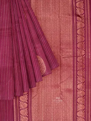 Burgundy Pure Kanchipuram (Bridal) Silk Saree with Stripes and Paisley Design on the Body and without Border