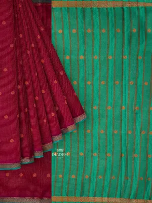 Burgundy Semi Silk Saree with Checked design on the body and Contrast Zari Border