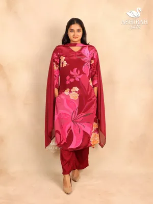 Burgundy Straight Cut Suit in Satin with Floral Prints paired with Dupatta