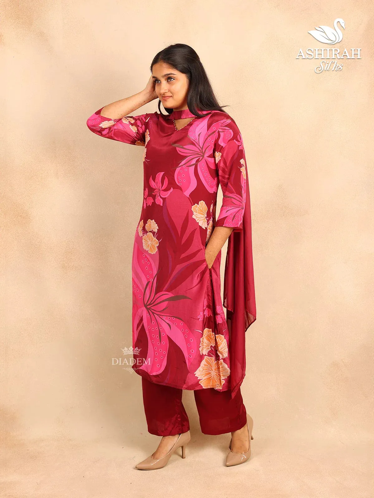 Burgundy Straight Cut Suit in Satin with Floral Prints paired with Dupatta