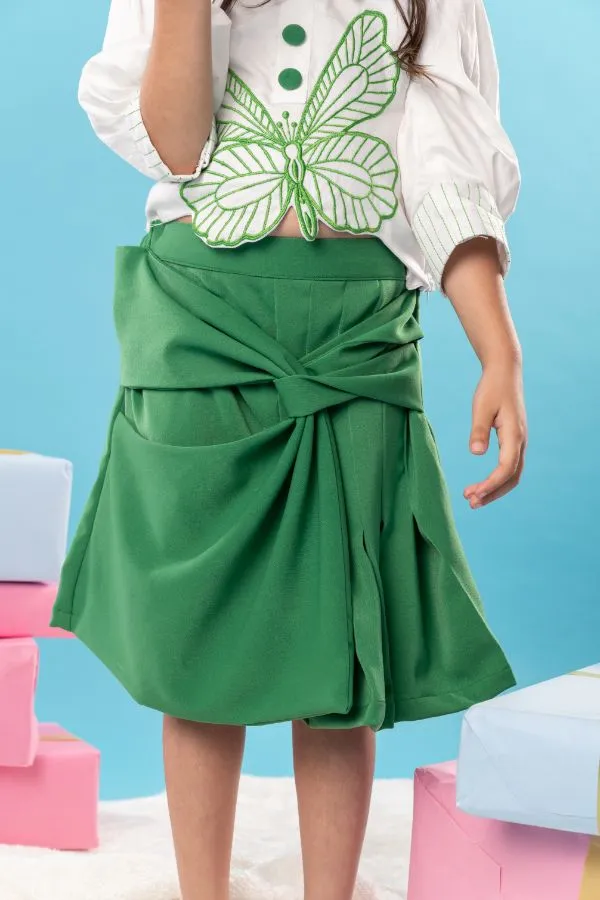 Butterfly embroidered white top with stylish green skirt