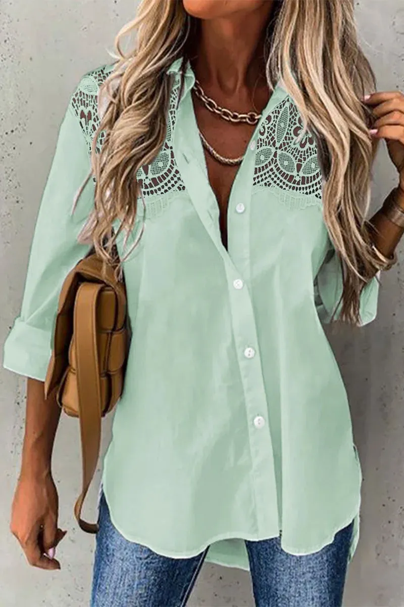 Casual Solid Lace Turndown Collar Tops