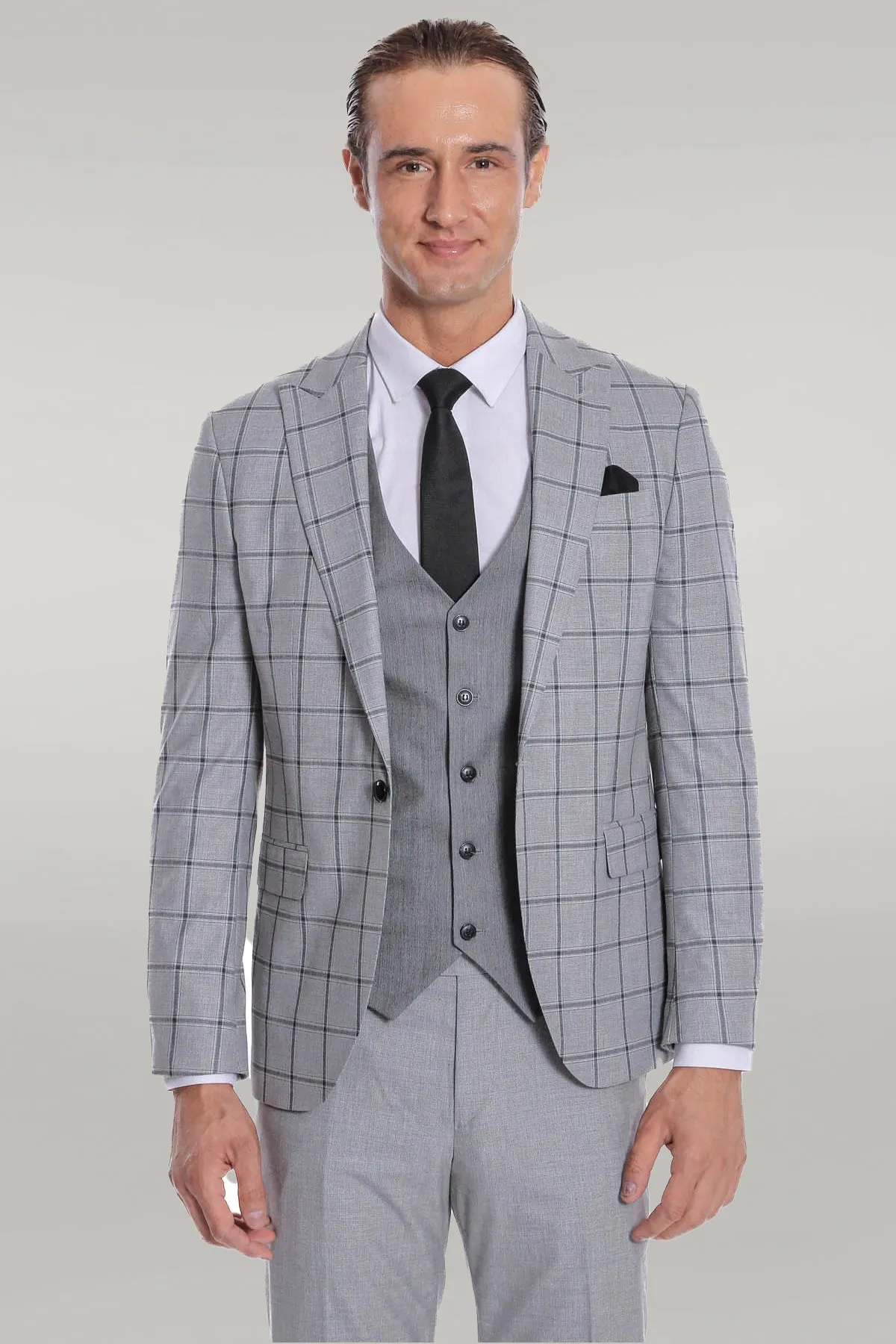 Checked Patterned Slim Fit Grey Men Suit - Wessi