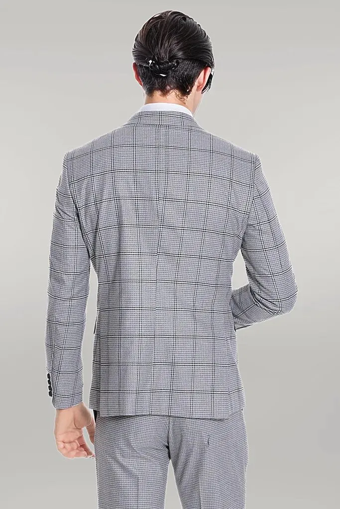 Checked Patterned Slim Fit Grey Men Suit - Wessi