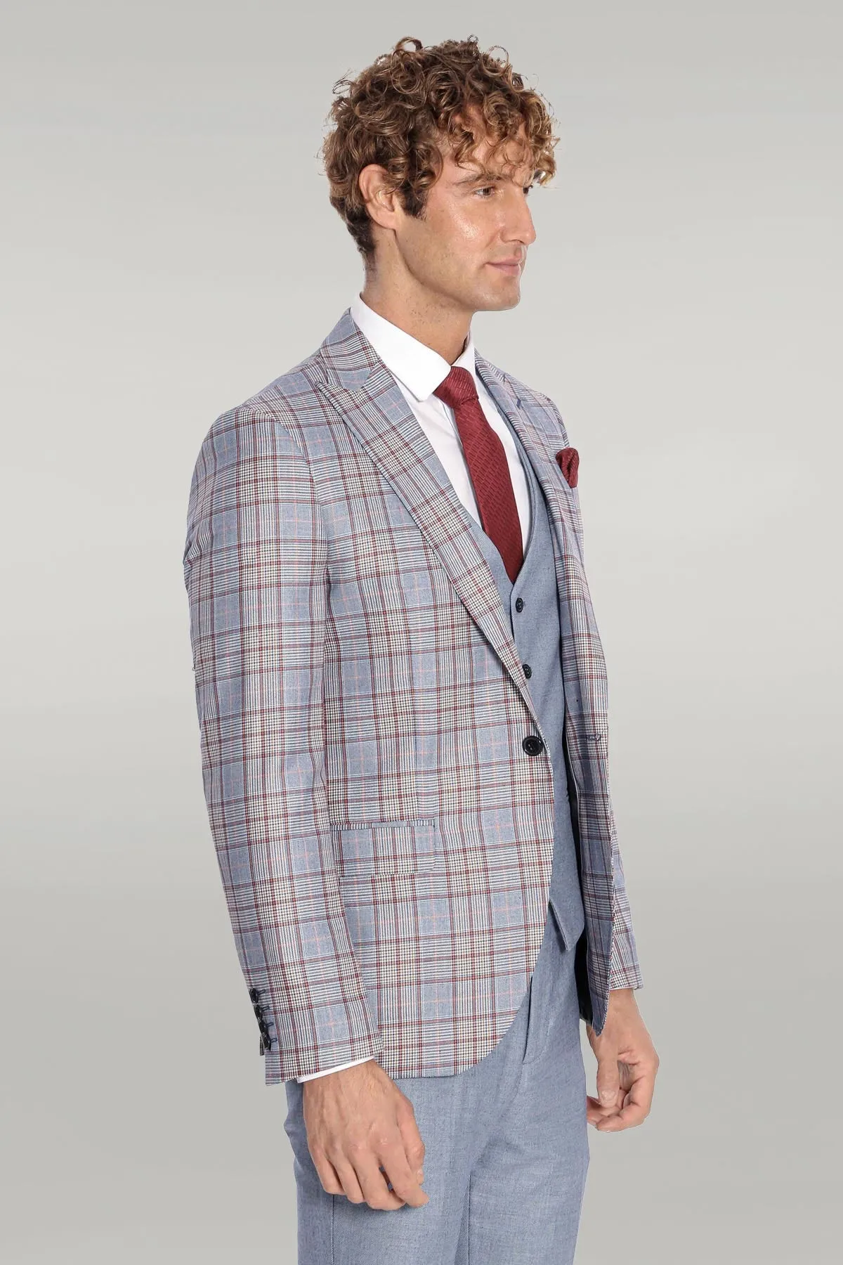 Checked Slim Fit Blue Men Suit - Wessi