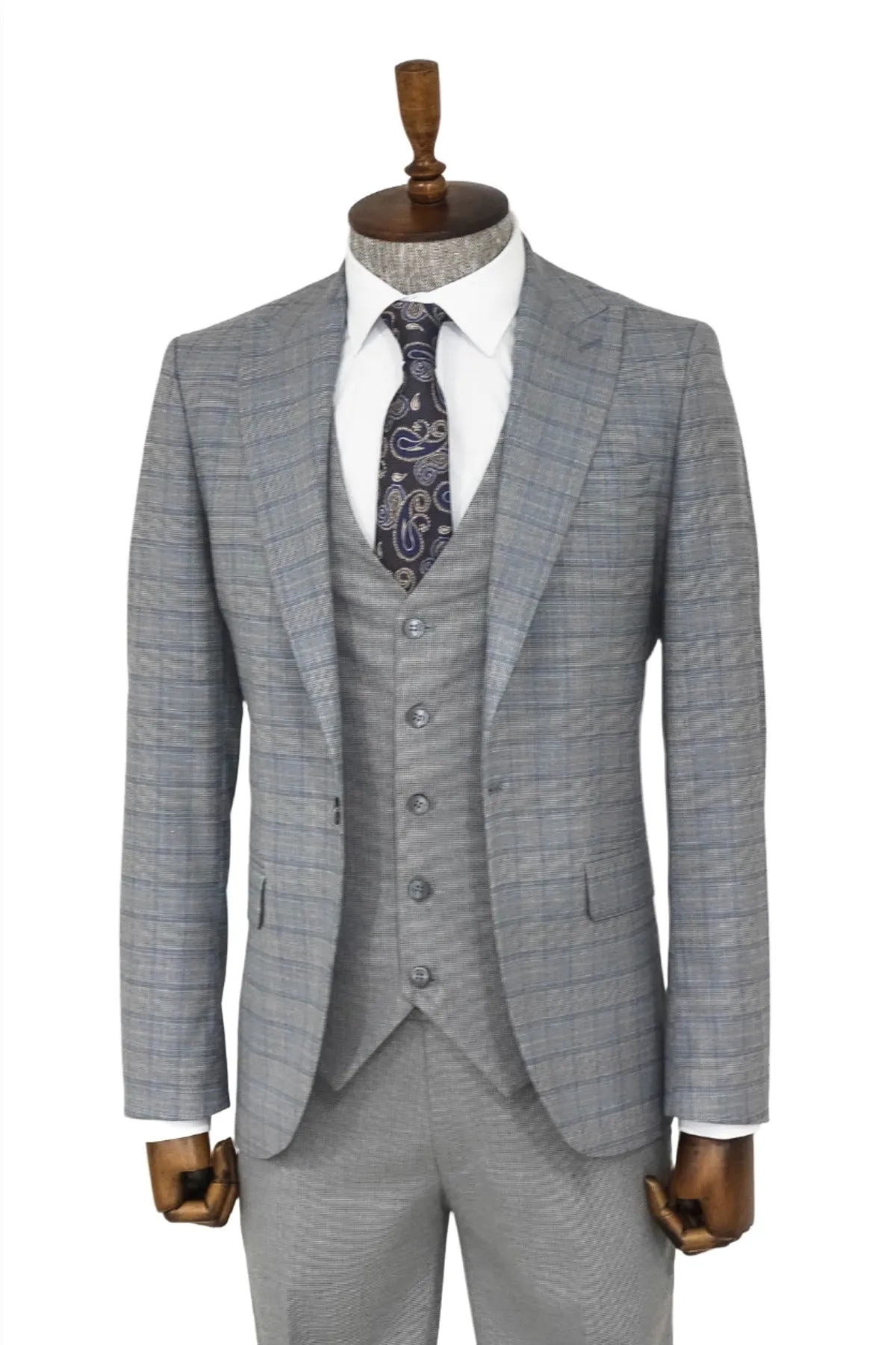 Checked Slim Fit Grey Men Suit - Wessi