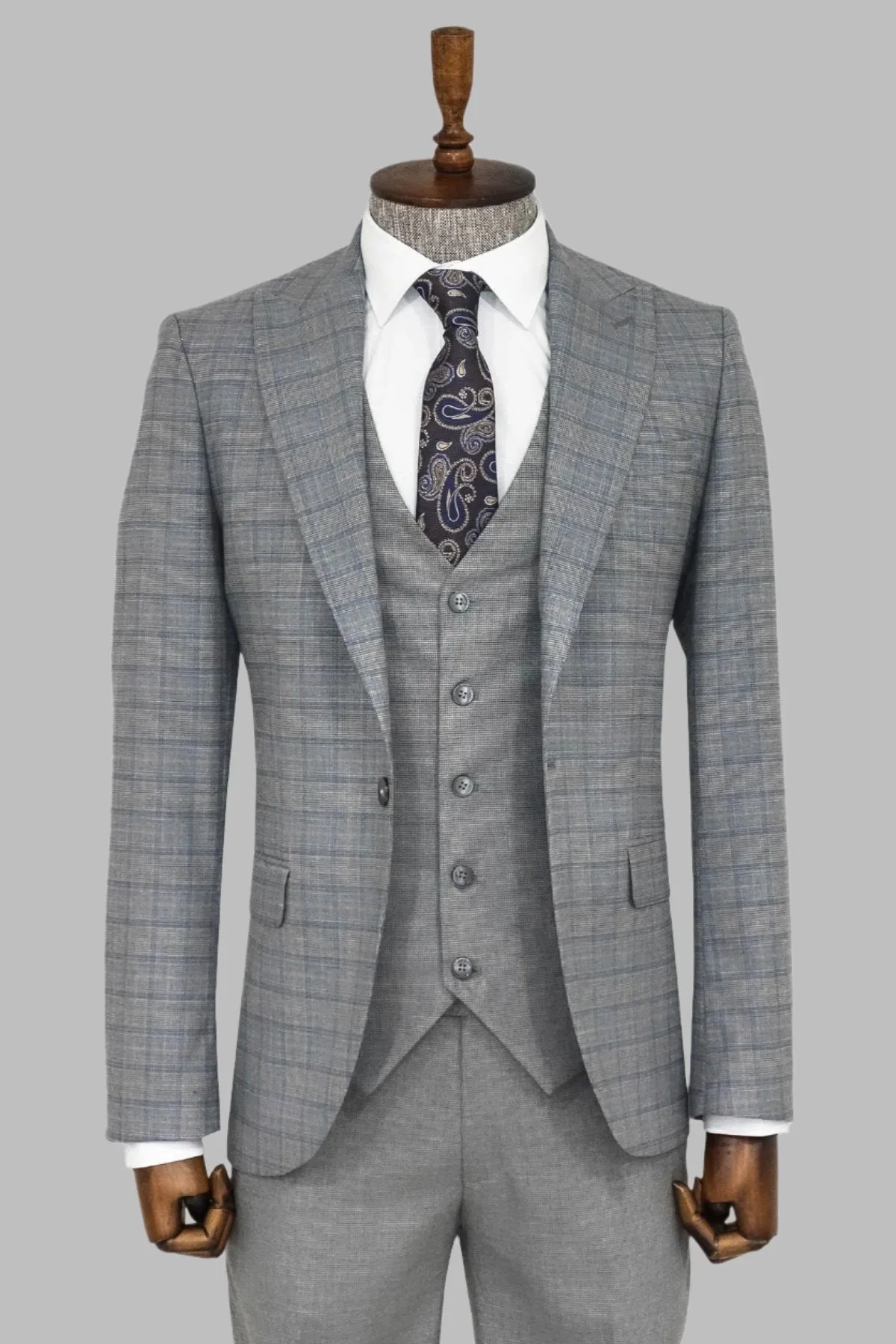 Checked Slim Fit Grey Men Suit - Wessi