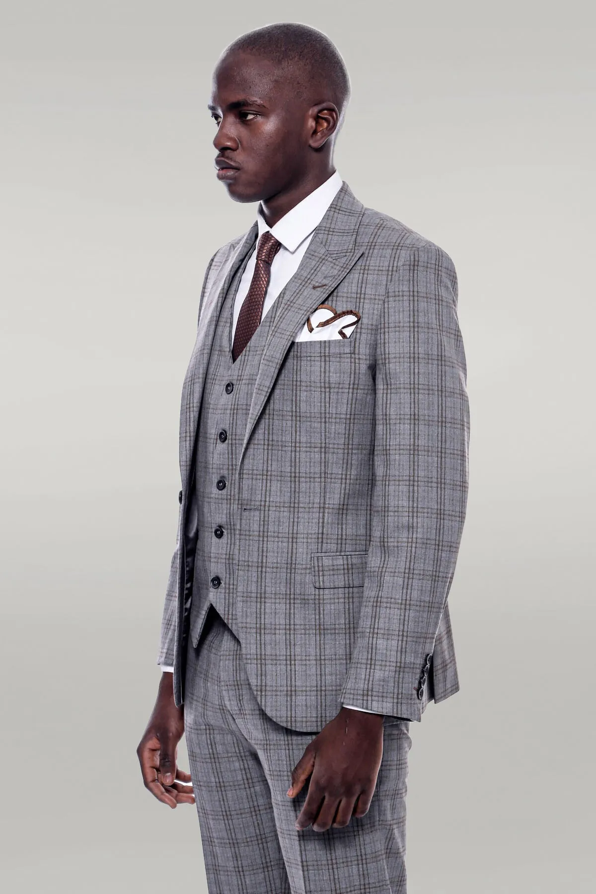 Checked Slim Fit Grey Men Suit - Wessi