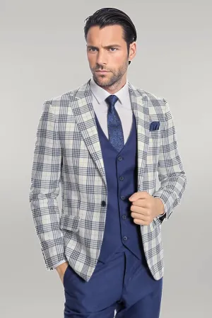 Checked Slim Fit Navy Blue Men Suit - Wessi