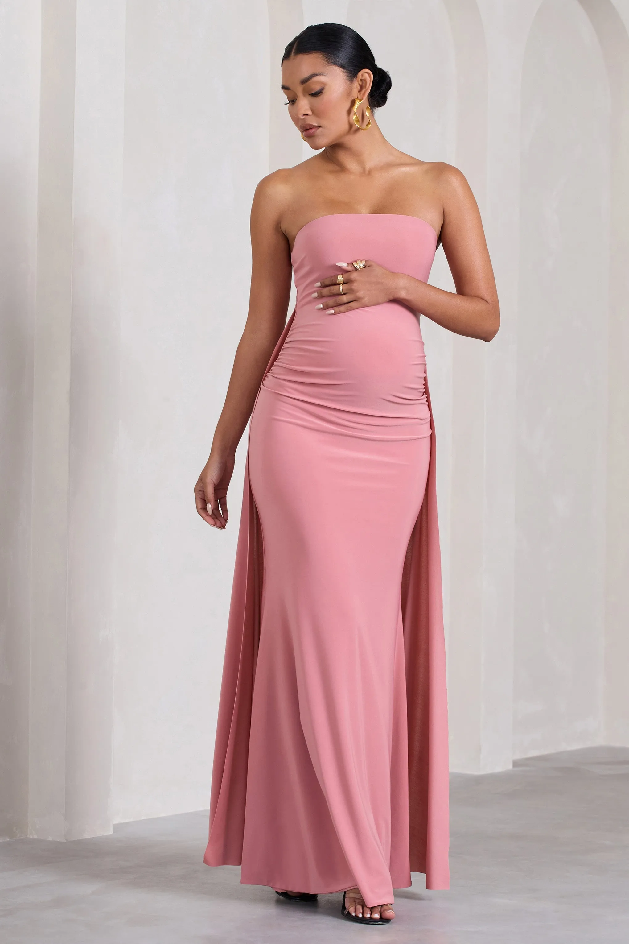 Christina | Blush Pink Bandeau Sleeveless Maternity Maxi Dress With Cape