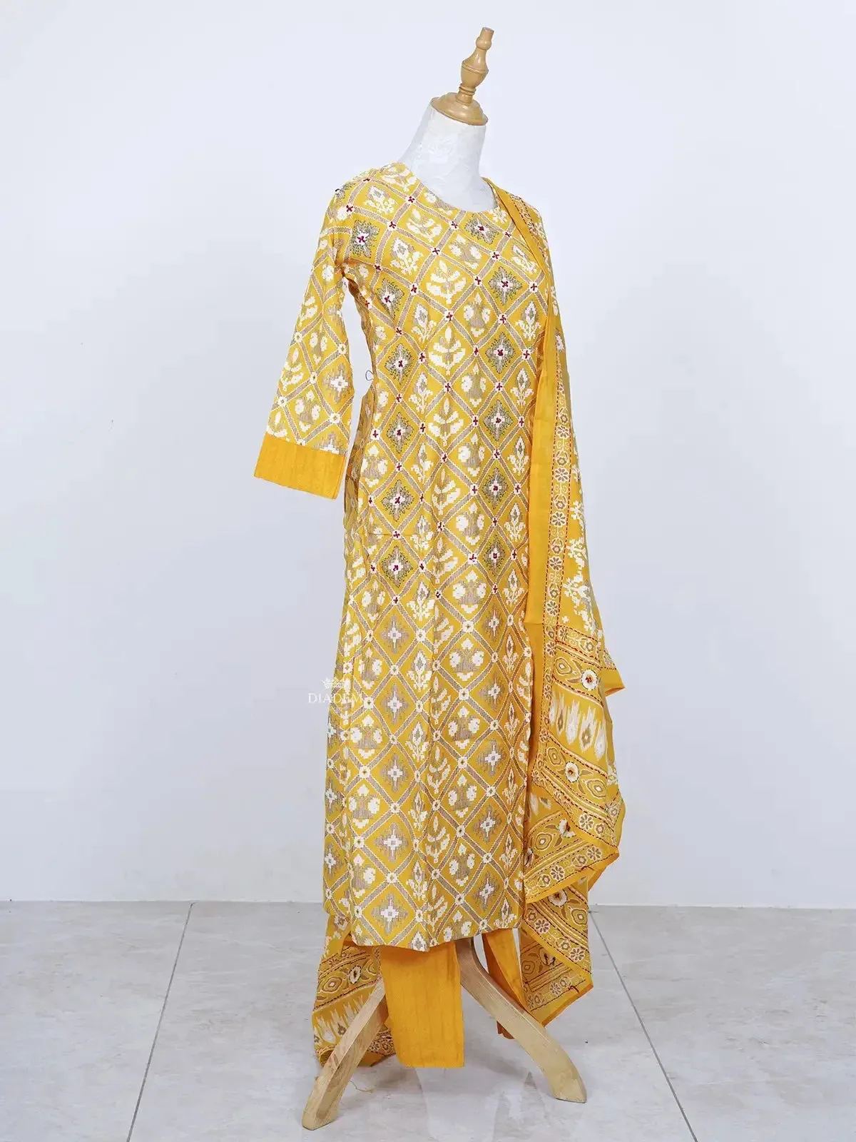 Chrome Yellow Ikkat Printed Cotton Palazzo Suit with Dupatta