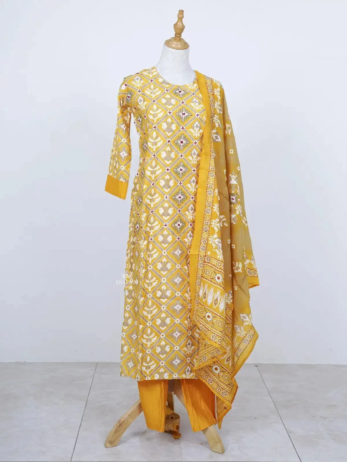 Chrome Yellow Ikkat Printed Cotton Palazzo Suit with Dupatta