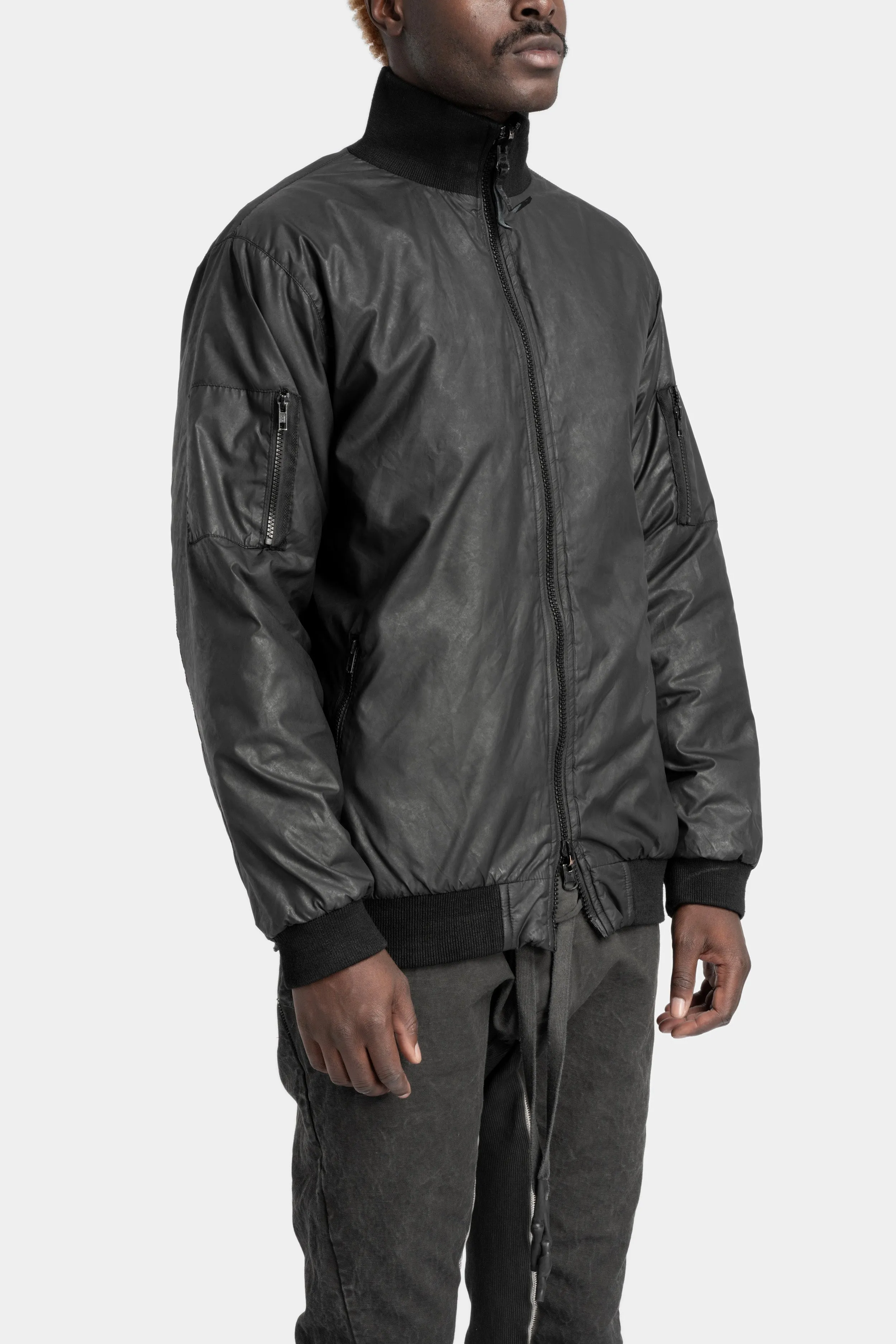 Coated reversible bomber jacket