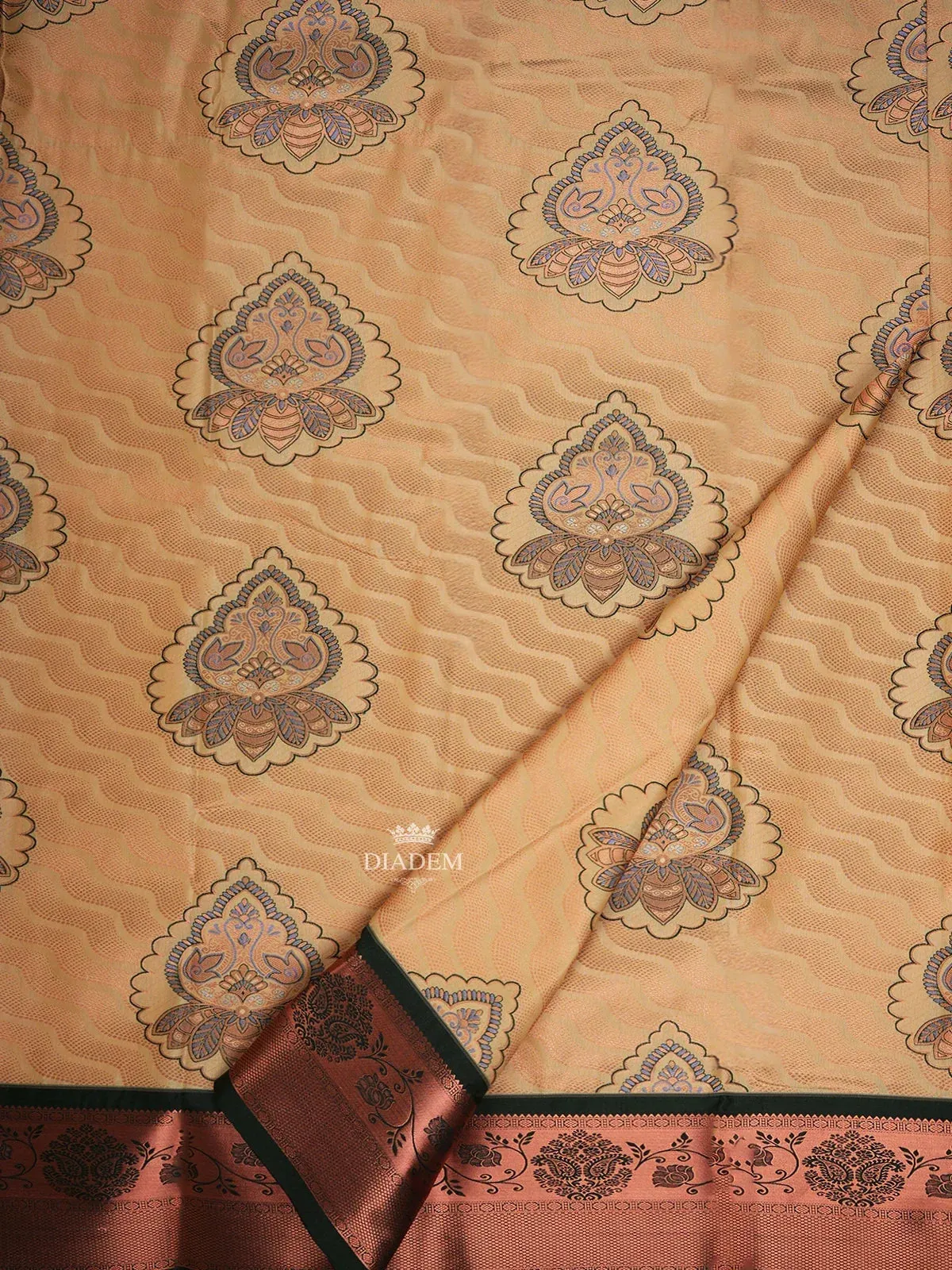 Cream Art Silk Saree with Flower Jacquard Designs on the Body with Contrast Zari Border