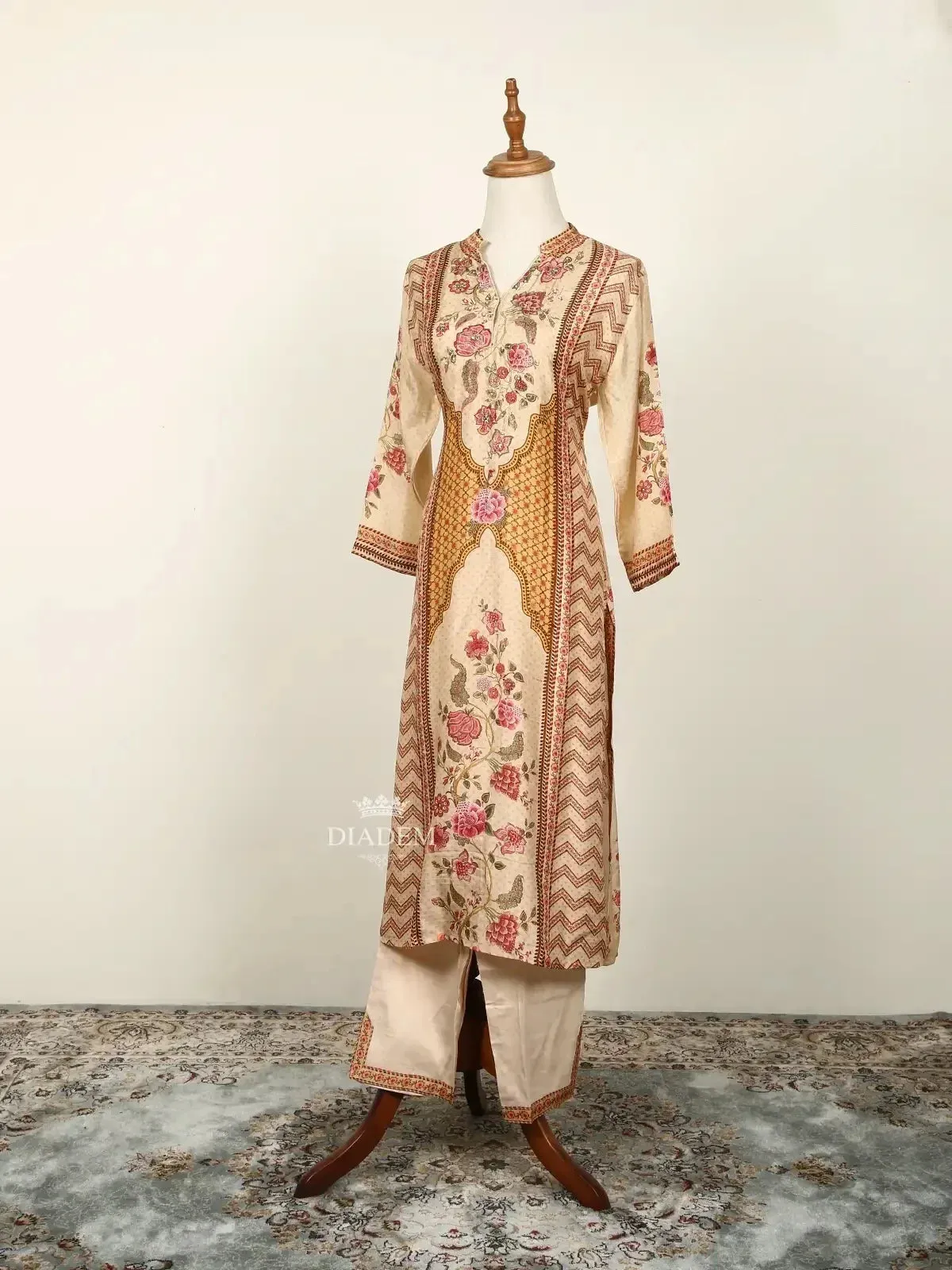 Cream Straight Cut Suit Adorned with Floral Prints and Sequins