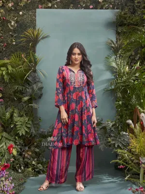 Dark Blue Crepe Palazzo Suit Adorned with Floral Prints and Embroidery