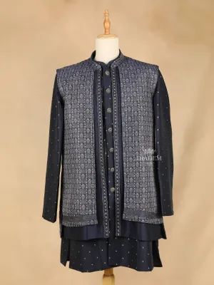 Dark Blue Embroidery Indo-Western Sherwani Suit, with Pant