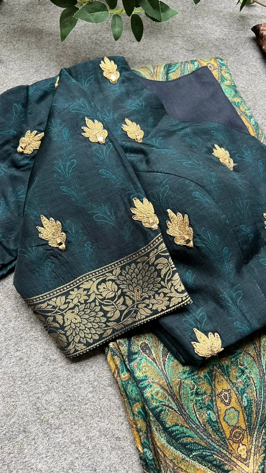 Dark blue silk saree with mirror embroidery blouse