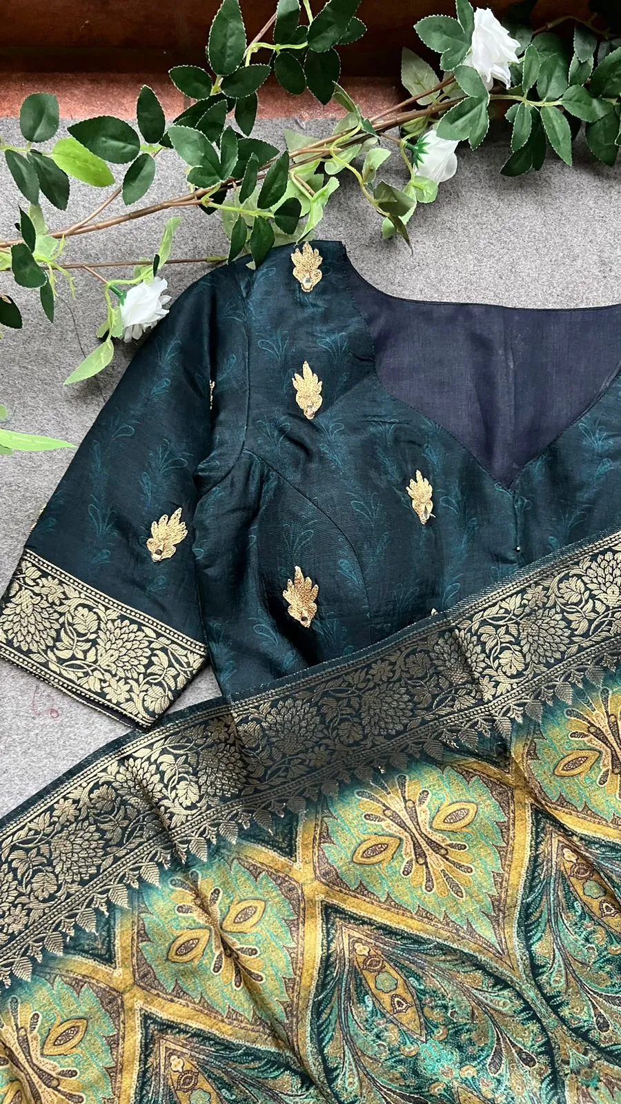 Dark blue silk saree with mirror embroidery blouse