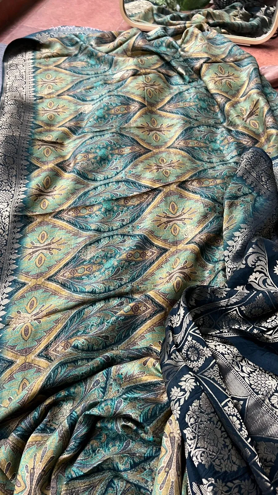 Dark blue silk saree with mirror embroidery blouse