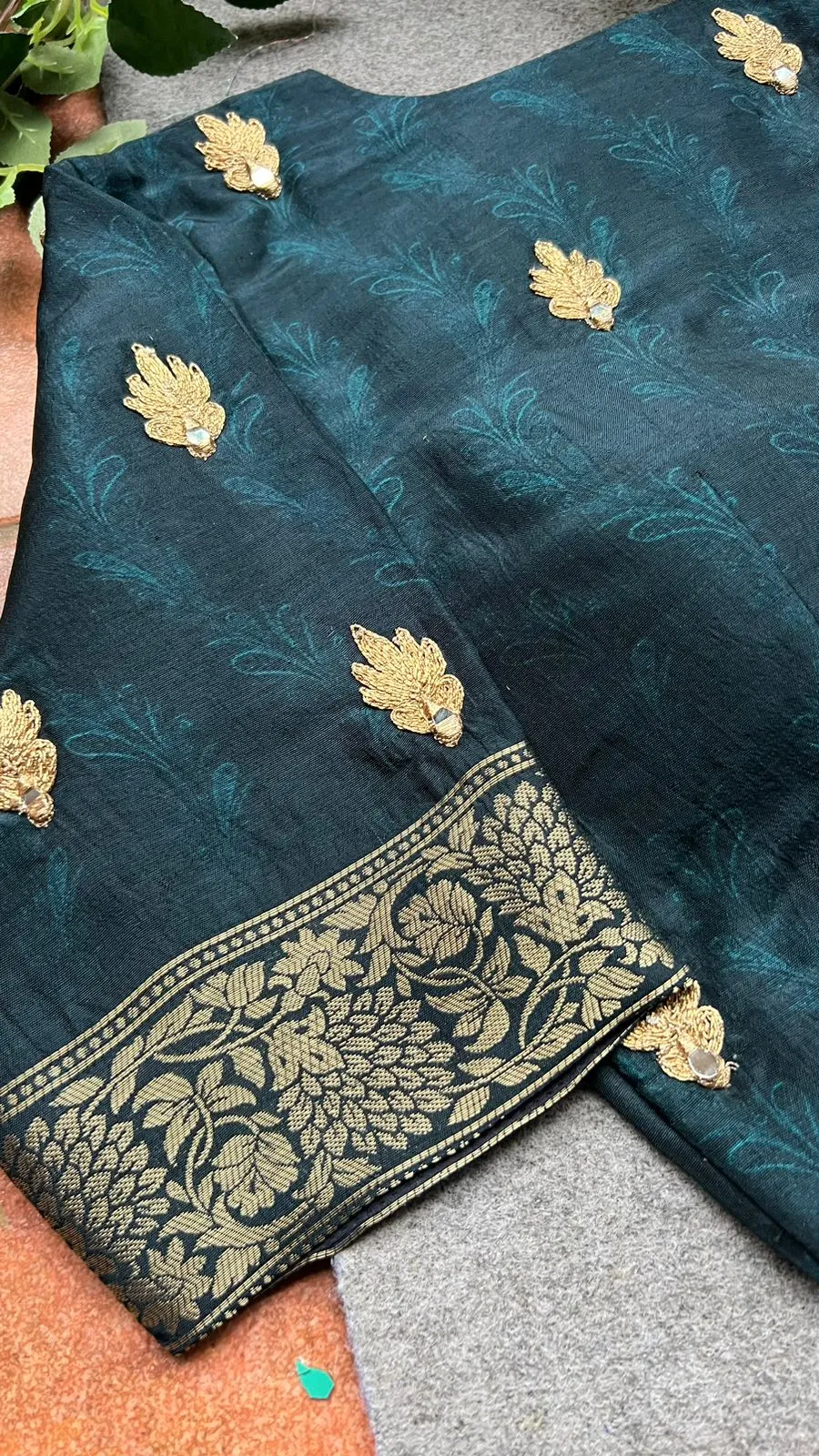 Dark blue silk saree with mirror embroidery blouse