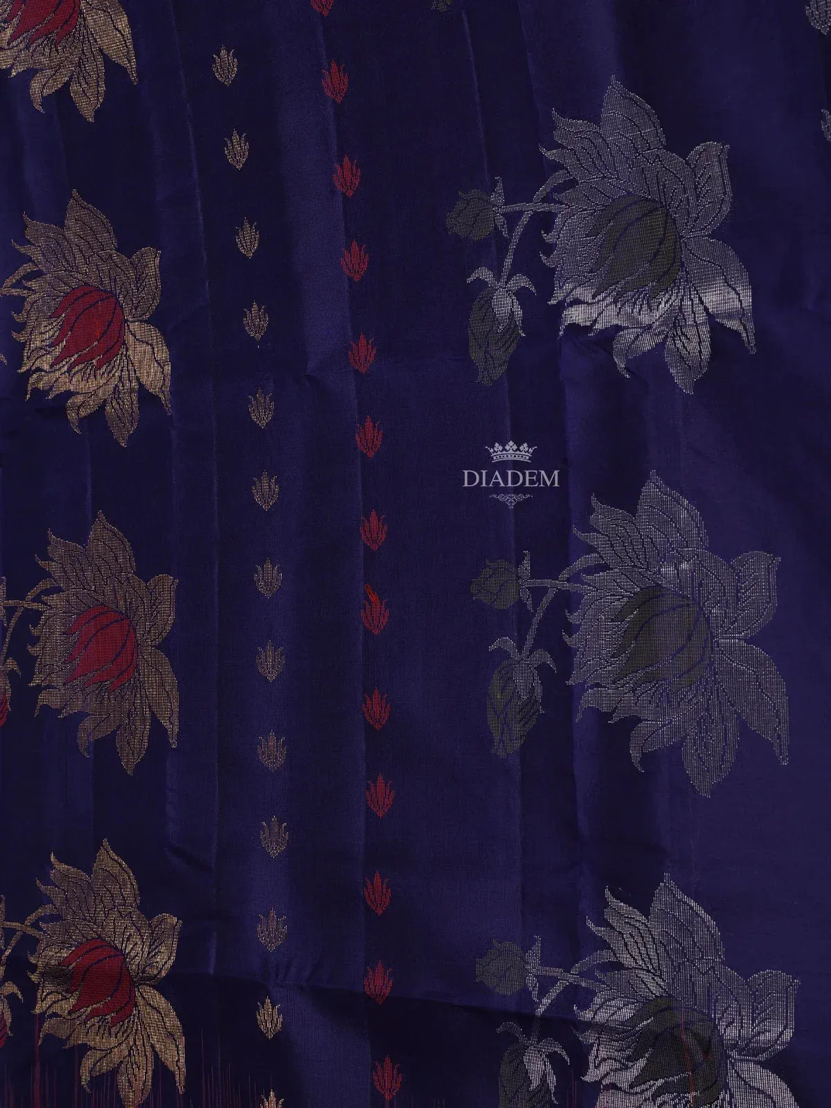 Dark Blue  Soft Silk Saree with Flower and Leaf Design On the Body and without Border